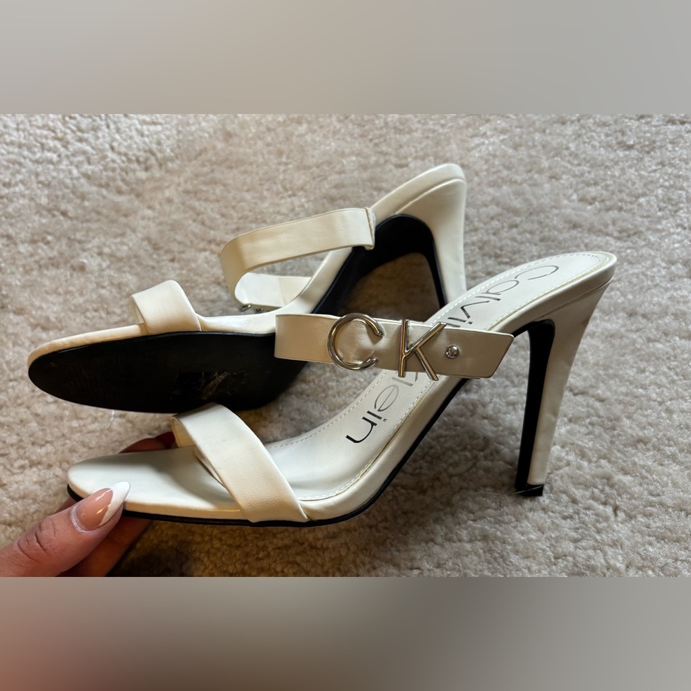 Calvin Klein Ivory Strappy High Heel Sandals with CK Accent